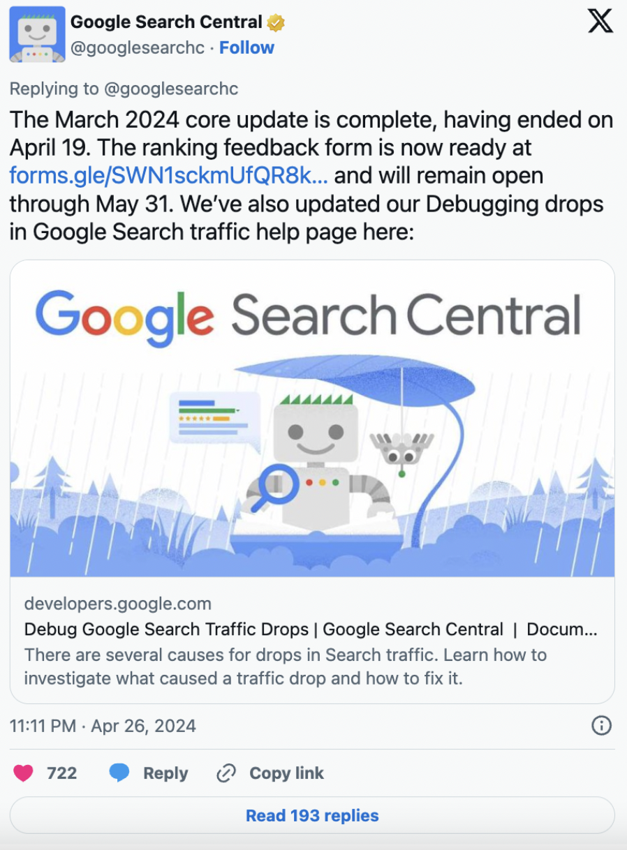 Debugging drops in Google Search traffic